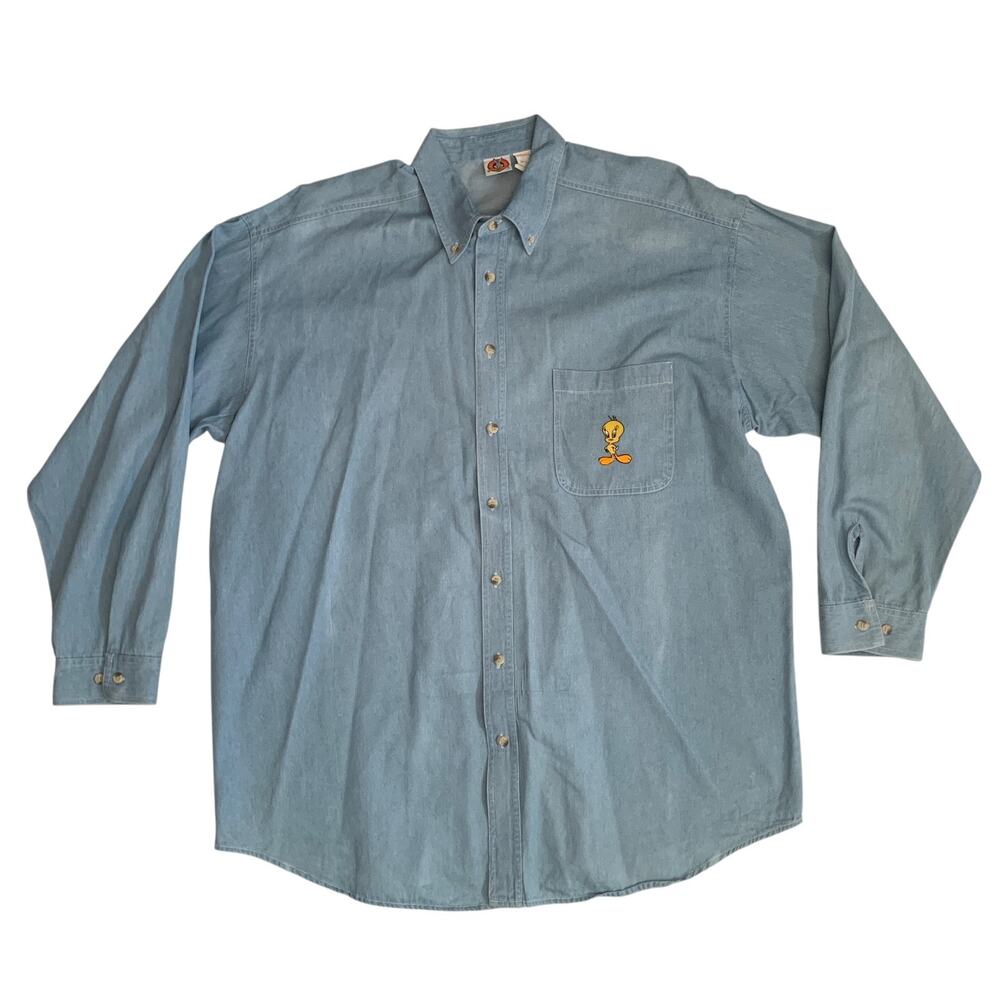 Looney Tunes Men's Size XL VTG Denim Long Sleeve 1999 Embroidered Tweety Shirt